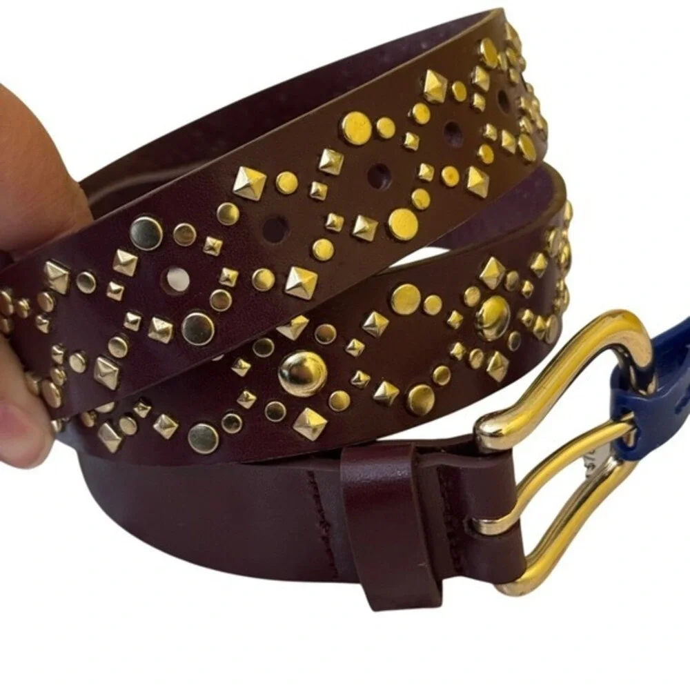 Rebecca Minkoff New Size XS‎ Mahogany Brown Studded Leather Belt Gold Hardware